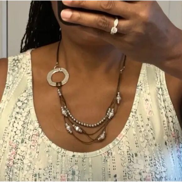 Boho Style Pearl Bead Brown Cord Layered Necklace with Statement Ring Accent - Picture 15 of 16